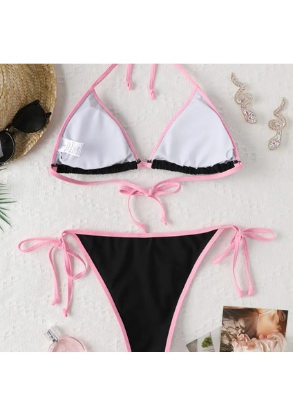 Siyah/pembe Şeritli Ipli Bikini, Siyah Bikini, Ipli Bikini, Şık Bikini