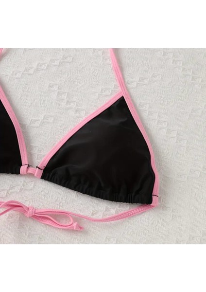 Siyah/pembe Şeritli Ipli Bikini, Siyah Bikini, Ipli Bikini, Şık Bikini