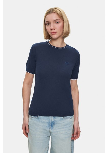 Jenny Lacivert Bisiklet Yaka Triko Nakışlı Standard Fit Kadın Tshirt