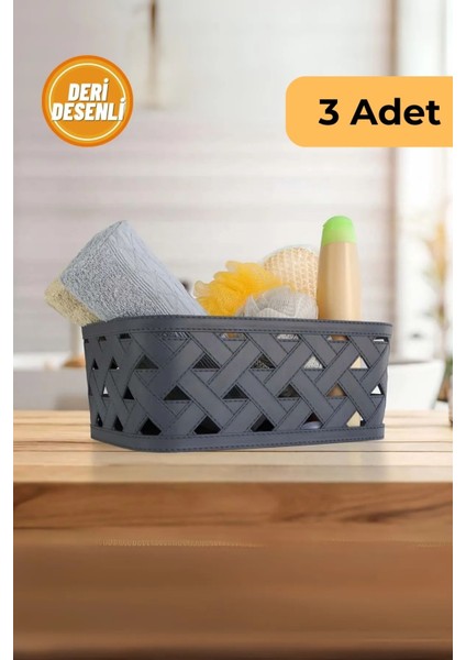 Deri Desenli Sepet, 3'lü Set, Antrasit