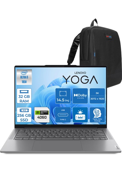Yoga Pro 7i 14IMH9 Ultra 9 185H Aı 32GB 256GB SSD 8GB/RTX4060 14.5" 3k (3072X1920) IPS 400NITS 120 Hz Dokunmatik Freedos Taşınabilir Bilgisayar Y83E200CTTR01+ZETTAÇANTA
