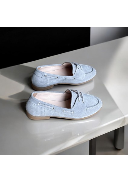 Gri Süet Deri Kadın Bağcıklı Loafer Ayakkabı
