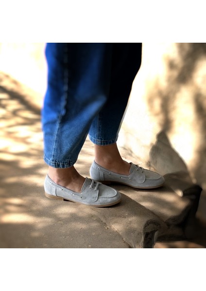 Gri Süet Deri Kadın Bağcıklı Loafer Ayakkabı