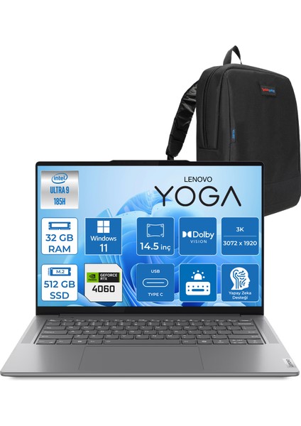 Yoga Pro 7i 14IMH9 Ultra 9 185H Aı 32GB 512GB SSD 8GB/RTX4060 14.5" 3k (3072X1920) IPS 400NITS 120 Hz Dokunmatik WIN11PRO Taşınabilir Bilgisayar Y83E200CTTR08+ZETTAÇANTA