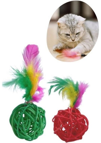 2li Rattan Renkli Peluş Tüy Kedi Köpek Oyuncak Yakalama Çiğneme Çıngıraklı Top Oyuncağı