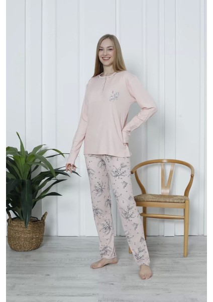 Kadın Bisiklet Yaka Desenli Pudra Pijama Takım