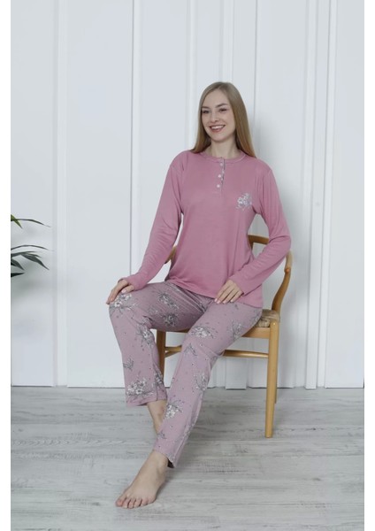 Kadın Bisiklet Yaka Desenli Pembe Pijama Takım modelleri