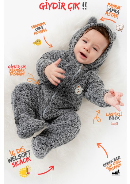 Welsoft Peluş Fermuarlı Kışlık Unisex Kız Erkek Bebek Uyku Tulumu Bebek Tulumu Çocuk Tulumu