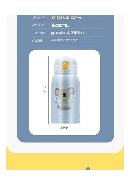 600ML Çocuk Tenceresi, Karikatür Desenli Samanlı Açık Su Kabına Uygun Yalıtım Için Sıçrama Kapağı ile Kayışlı (Yurt Dışından)