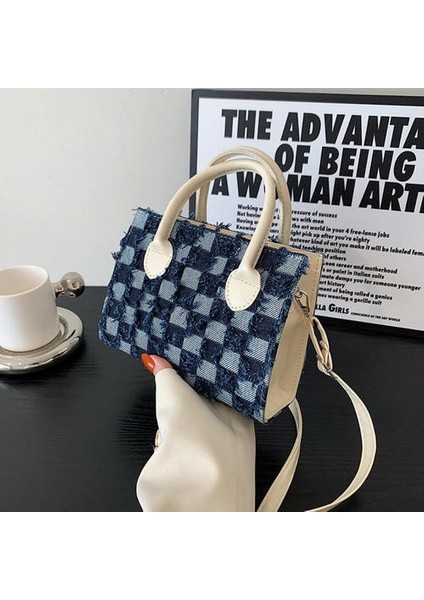 Dama Tahtası Dikiş Denim Kare Ekose Küçük Kare Çanta Kadınlar, Avrupa ve Amerikan Retro Gündelik Omuz Messenger El Çantası (Yurt Dışından)