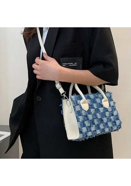 Dama Tahtası Dikiş Denim Kare Ekose Küçük Kare Çanta Kadınlar, Avrupa ve Amerikan Retro Gündelik Omuz Messenger El Çantası (Yurt Dışından) modelleri