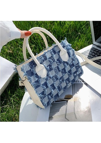 Dama Tahtası Dikiş Denim Kare Ekose Küçük Kare Çanta Kadınlar, Avrupa ve Amerikan Retro Gündelik Omuz Messenger El Çantası (Yurt Dışından) indirimleri