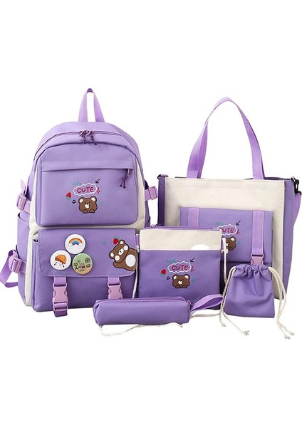 5 Adet Kawaii Sırt Çantası Seti, Ayı Kolye ve Rozetli Tuval Okul Çantası, Omuz Tote Çanta Rahat Sırt Çantası (Yurt Dışından)