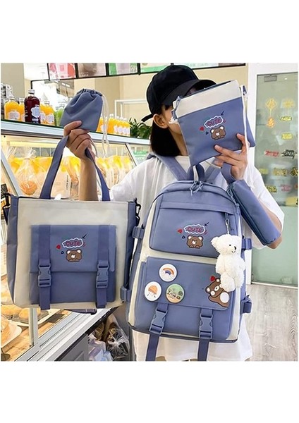 5 Adet Kawaii Sırt Çantası Seti, Ayı Kolye ve Rozetli Tuval Okul Çantası, Omuz Tote Çanta Rahat Sırt Çantası (Yurt Dışından) fiyatları