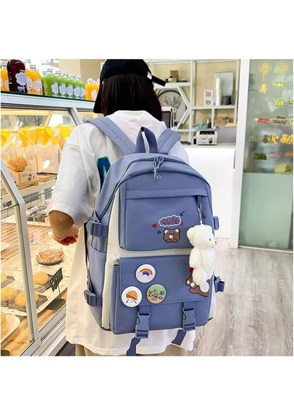 5 Adet Kawaii Sırt Çantası Seti, Ayı Kolye ve Rozetli Tuval Okul Çantası, Omuz Tote Çanta Rahat Sırt Çantası (Yurt Dışından) modelleri