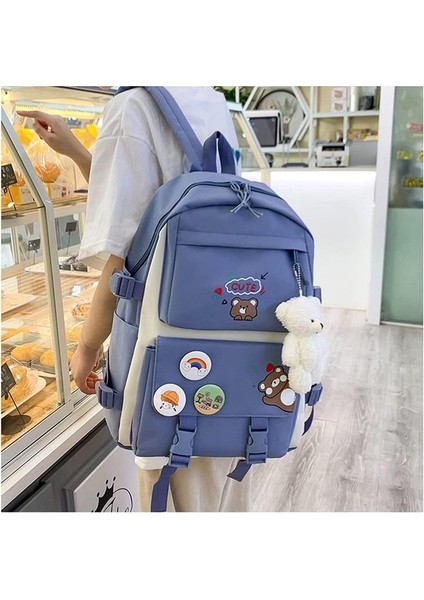 5 Adet Kawaii Sırt Çantası Seti, Ayı Kolye ve Rozetli Tuval Okul Çantası, Omuz Tote Çanta Rahat Sırt Çantası (Yurt Dışından) fırsatları