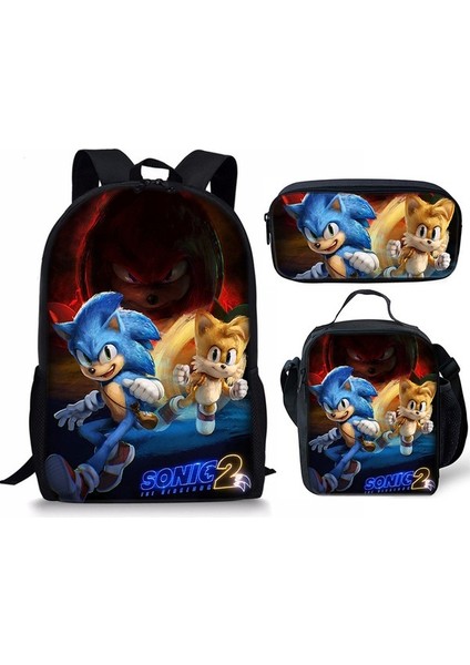 Sonic Sırt Çantası Sonic2 Öğrenci Okul Çantası Çocuk Yemek Çantası Kalem Kutusu Üç Parçalı Set (Yurt Dışından)