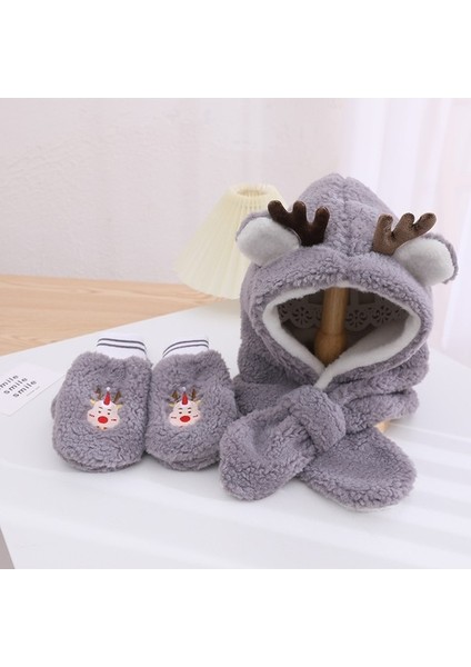 Peluş Noel Eln + Şapka + Atkı Seti - Gri (Yurt Dışından)
