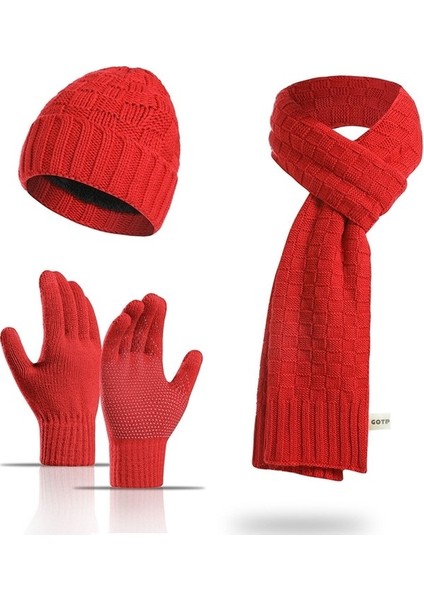 Erkek ve Kadın Kışlık Sıcak Ekose Şapka, Atkı ve Eln Üç Parçalı Set (Yurt Dışından)
