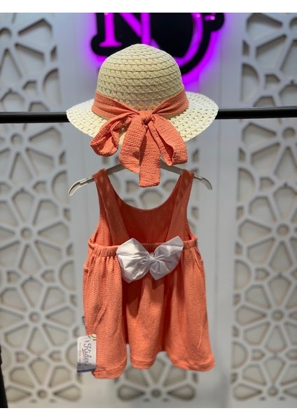 Baskılı Fiyonklu Elbise Hasır Şapka Takım Kız Çocuk
