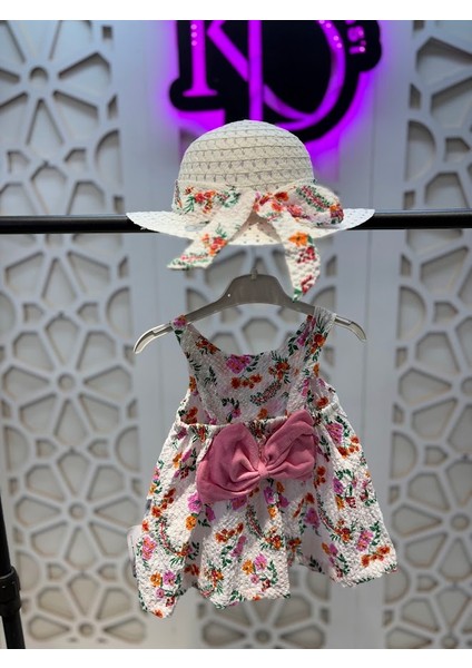 Baskılı Fiyonklu Elbise Hasır Şapka Takım Kız Çocuk
