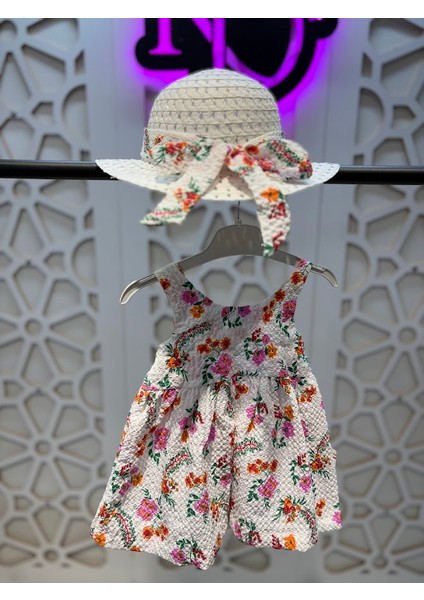 Baskılı Fiyonklu Elbise Hasır Şapka Takım Kız Çocuk fiyatları
