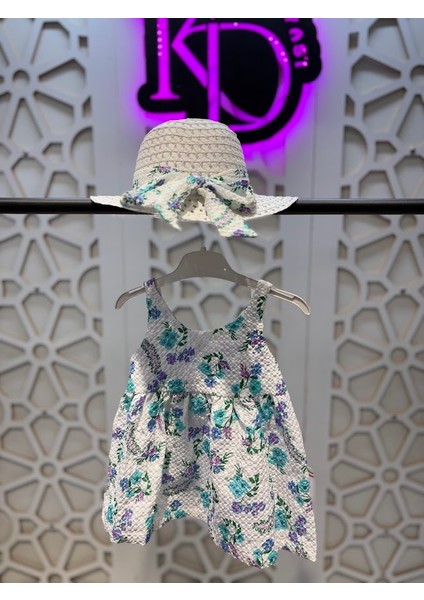 Baskılı Fiyonklu Elbise Hasır Şapka Takım Kız Çocuk fiyatları