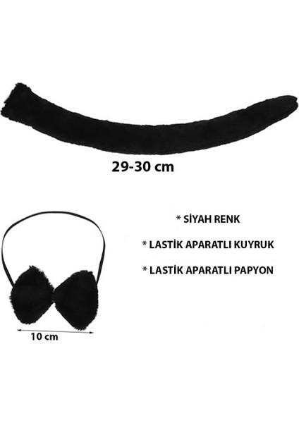 Peluş Siyah Renk Kuyruk ve Papyon Yetişkin Çocuk Uyumlu