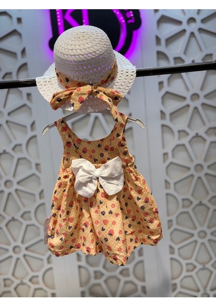 Baskılı Fiyonklu Elbise Hasır Şapka Takım Kız Çocuk