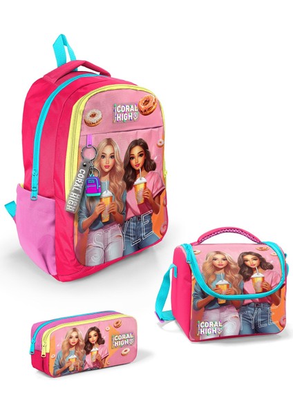 Kids Pembe Neon Mercan Fashion Girl Desenli 3’lü Okul Çanta Seti SET0123669