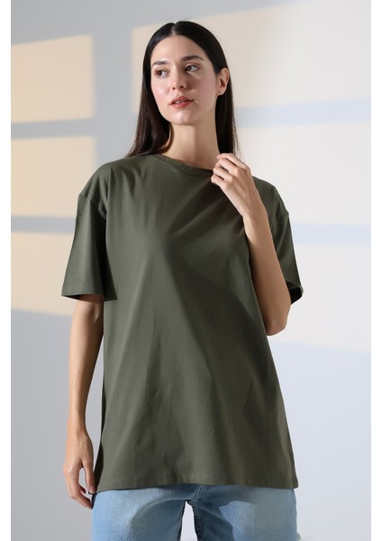 Oversize Bisiklet Yaka %100 Pamuk Penye Kompakt Basic T-Shirt 21752 Haki