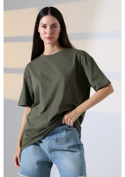 Oversize Bisiklet Yaka %100 Pamuk Penye Kompakt Basic T-Shirt 21752 Haki modelleri