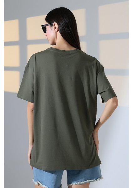 Oversize Bisiklet Yaka %100 Pamuk Penye Kompakt Basic T-Shirt 21752 Haki fırsatları