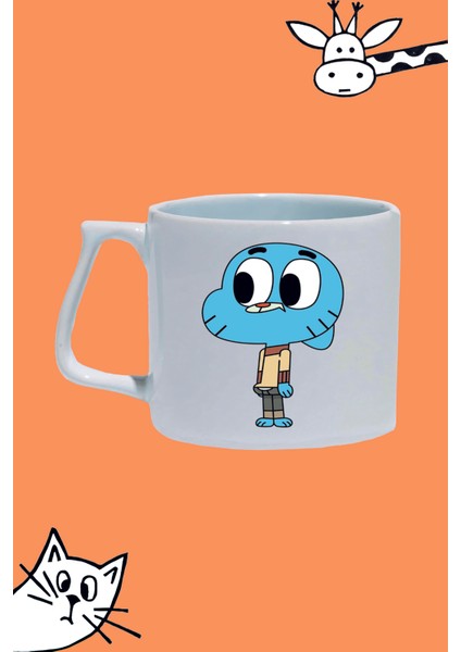 Çizgi Karakter Gumball Tasarım Baskılı Beyaz Lüks Sap Kupa Bardak