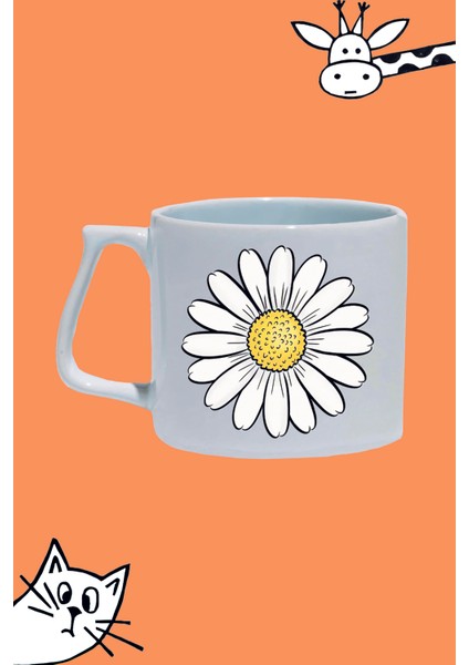 Beyaz Papatya Çiçek Tasarım Baskılı Beyaz Lüks Sap Kupa Bardak