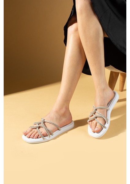 Çapraz Bantlı Taş Detaylı Rahat Taban Kadın Terlik 57-040-25TAŞLI fiyatları