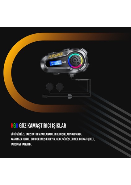 Q08 5.3 Uyumlu Motosiklet Kask Kulaklık Intercom Işıklı Motorsiklet Interkom