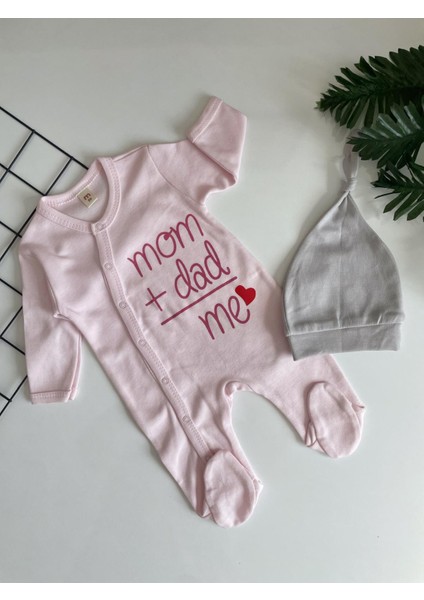 Mom Dad+Me Yazılı Kız Bebek Pudra ve Gri Şapkalı Tulum Set fiyatları