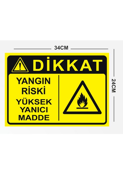 Dikkat Yangın Riski Yüksek Yanıcı Madde Tabela Levhası 24X34 cm Pvc