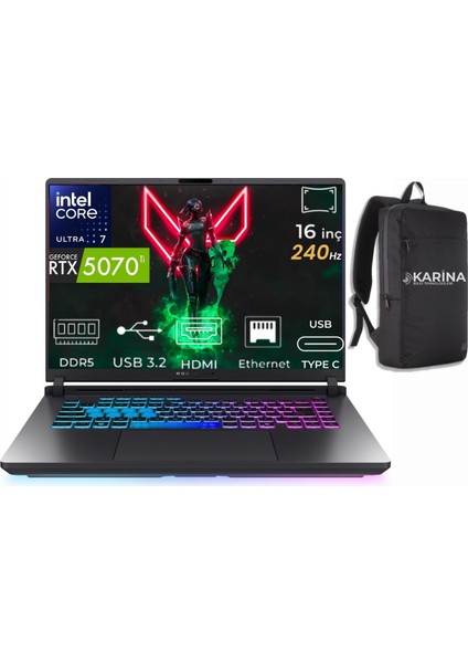 Rog Strıx G16 Intel Core Ultra 7 255HX G615LR-S5214-64 32GB 4tb+4tb Rtx 5070TI 12GB Windows 11 Pro 240Hz 16" 2.5k Wqxga Taşıabilir Bilgisayar