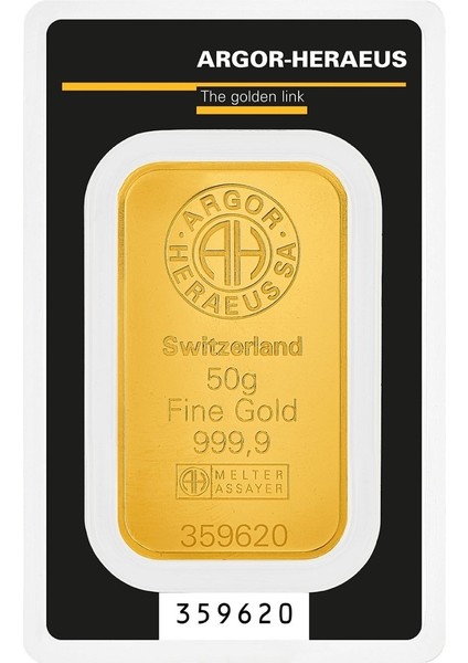 Agakulche Argor Heraeus 50 gr Kinebar 24 Ayar 999.9 Külçe altın