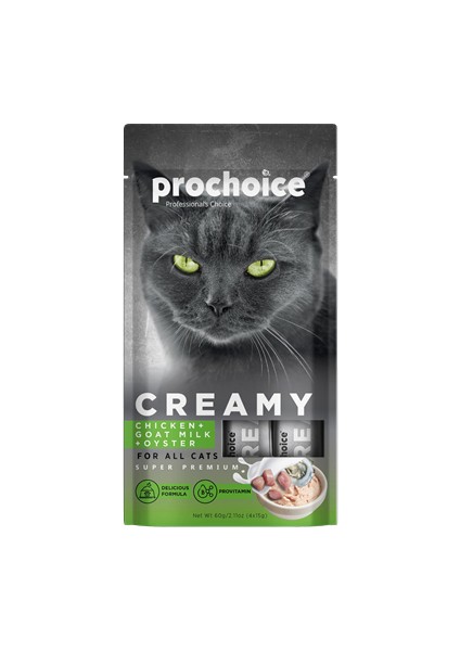 Prochoice 4X15 gr x 12 Adet Creamy Kediler Için Tavuklu, Keçi Sütlü ve Istridyeli Sıvı Ödül Maması Nrmsa