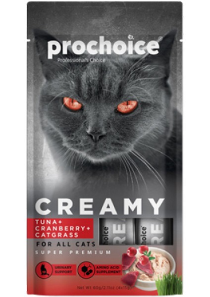 Prochoice 4X15 gr x 12 Adet Creamy Kediler Için Tuna Balığı, Kızılcık ve Kedi Otlu Sıvı Ödül Maması Nrmsa