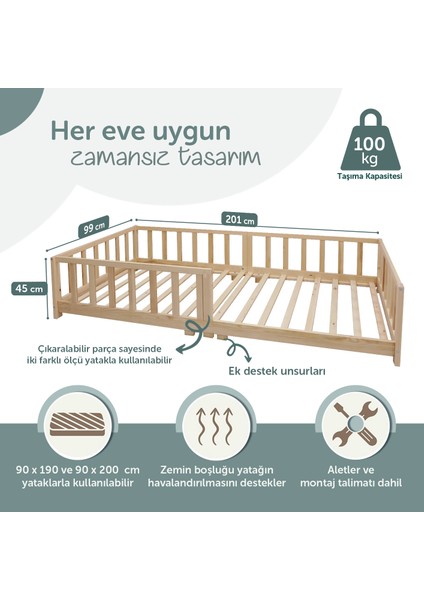KCB351 Doğal Ahşap Montessori Yer Yatağı 90 x 190 cm (90 x 200 cm 'YE Dönüştürülebilir)