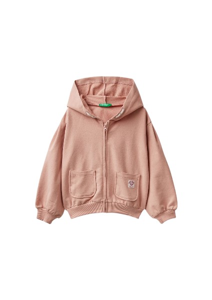 Kız Çocuk Bej Cebi Logo Detaylı Fermuarlı Kapüşonlu Sweatshirt