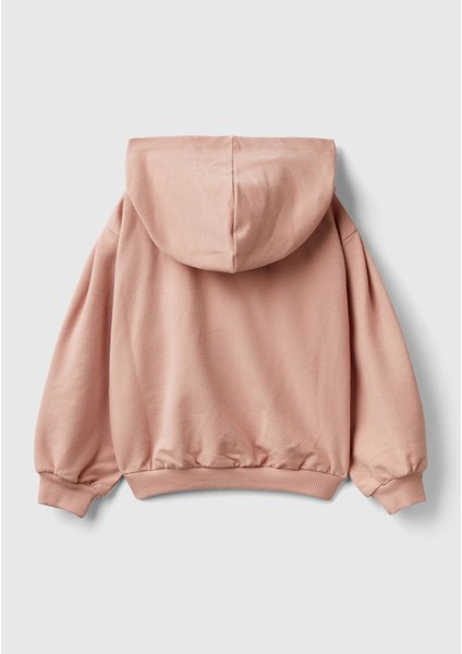 Kız Çocuk Bej Cebi Logo Detaylı Fermuarlı Kapüşonlu Sweatshirt