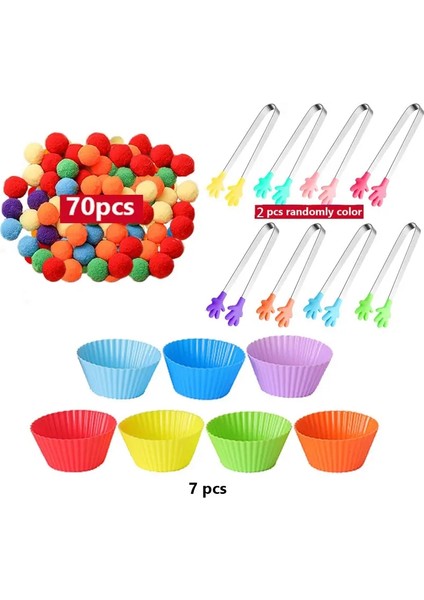 Çocuklar Sıralama Oyuncakları 70 Pompomlar 7 Renk Eşleşen Daklar 4 Cımbız Montessori Ince Motor Becerileri Öğrenme Hediyeleri Renk: 79PCS Set (Yurt Dışından)