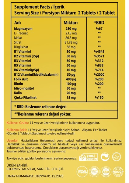 Magnezyum+ B-Kompleks(+Miyo Inositol&Kolin +Çinko Pikolinat) 60 Tablet