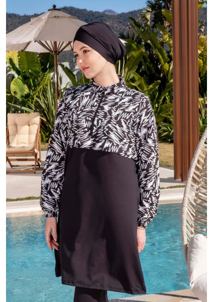 Tam Kapalı Crop Model Çizgi Desenli Tesettür Mayo - 2524 modelleri