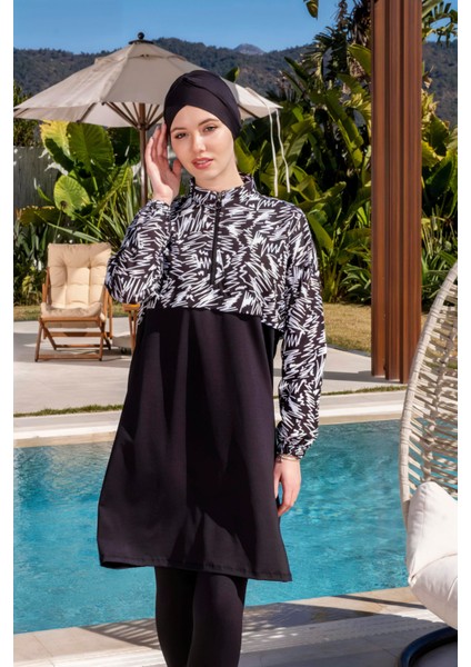Tam Kapalı Crop Model Çizgi Desenli Tesettür Mayo - 2524 indirimleri